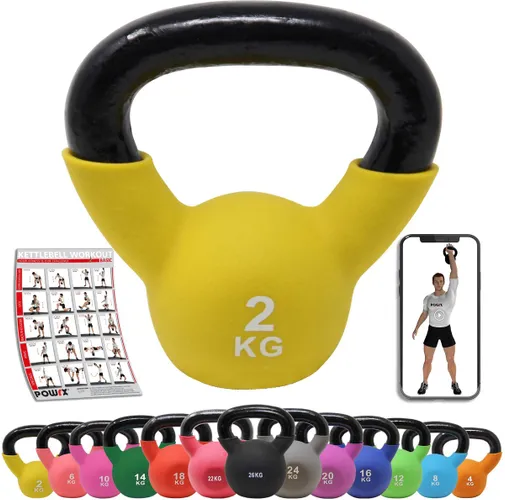 PowrX© Kettlebell Neopreen 2-26 kg incl. Workout - Ball halter in verschillende kleuren. Kleuren en gewichten - Vloervriendelijke schommelhalter (2 kg...