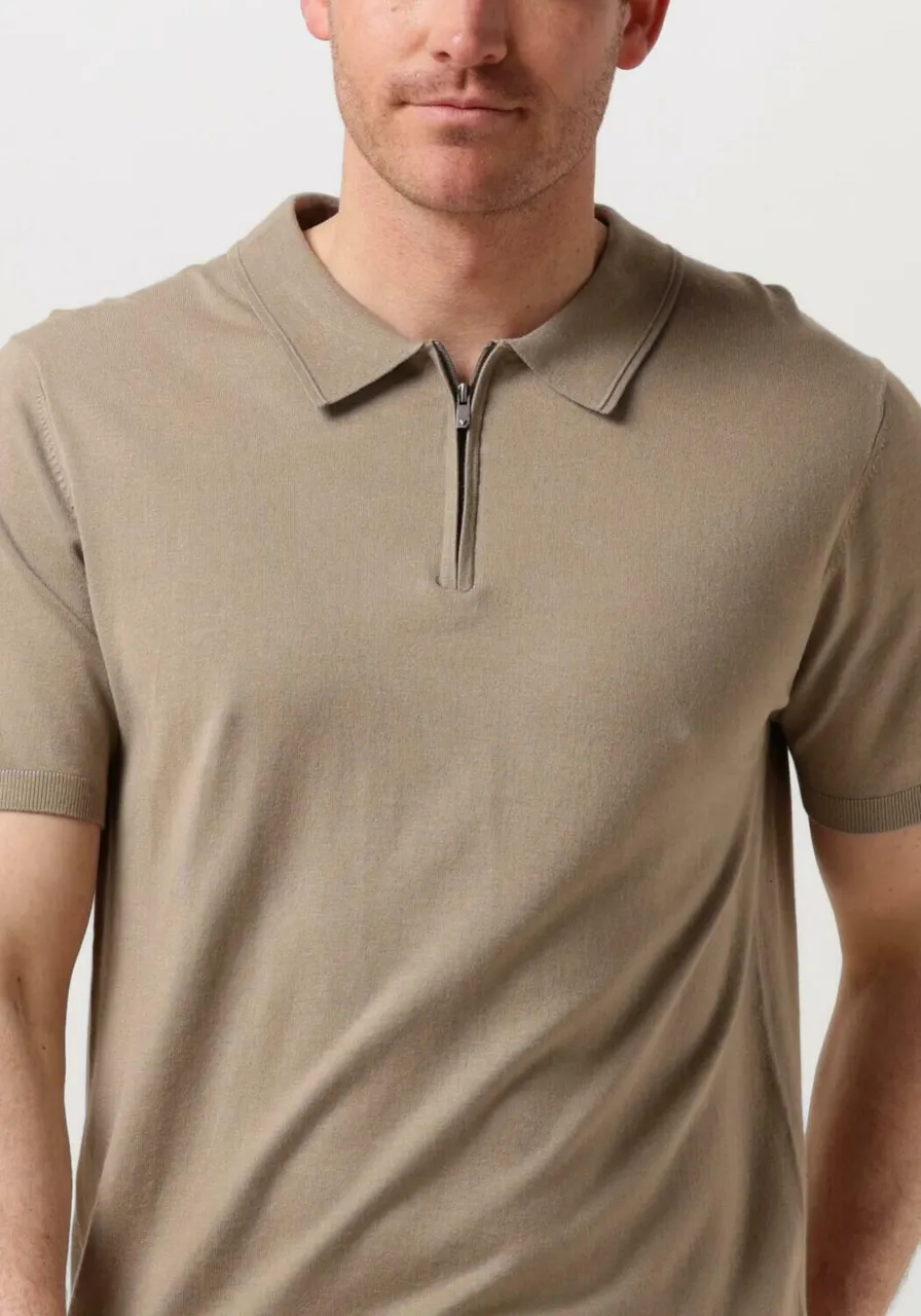 PURE PATH Heren Polo's & T-shirts Knitted Shotsleeve Polo Half Zip With Chest Embroidery - Taupe