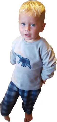 Pyjama - peuter/kleuter/kinder - zachte coral fleece - jongens - marineblauw - ruitprint - met print ijsbeer