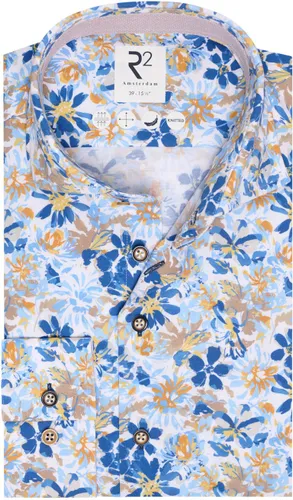 R2 Hemd Knitted Bloemenprint Blauw Extra Long Sleeves