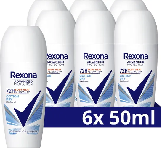 Rexona Women Advanced Protection Anti-Transpirant Roller - Cotton Dry - met Body Heat Activated Technologie - 6 x 50 ml
