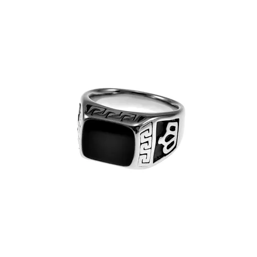 Ring Heren - Kroon Design - Roestvrij Staal - Zwarte Emaille Zegelring