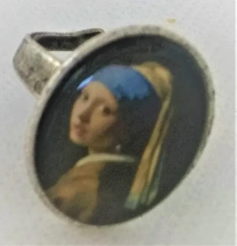 Ring verzilverd met meisje met de parel van Johannes Vermeer, een maat/one size
