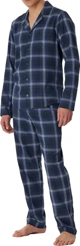 SCHIESSER Warming Nightwear pyjamaset - heren lange pyjama geweven stof biologisch katoen knoopsluiting geruit nachtblauw