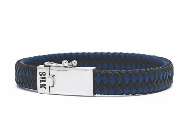 SILK Jewellery - Zilveren Armband - Alpha - 841BBU.21 - blauw/zwart leer - Maat 21