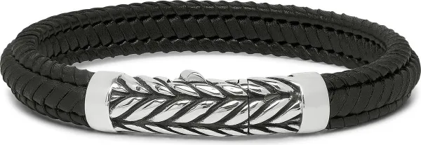 SILK Jewellery - Zilveren Armband - Zipp - 158BLK.20 - zwart leer - Maat 20