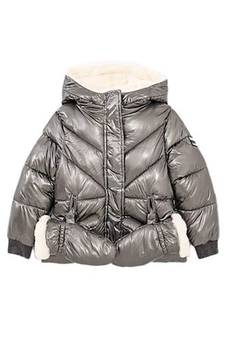 Silver Fur-lined Padded Jacket With Mittens Silver