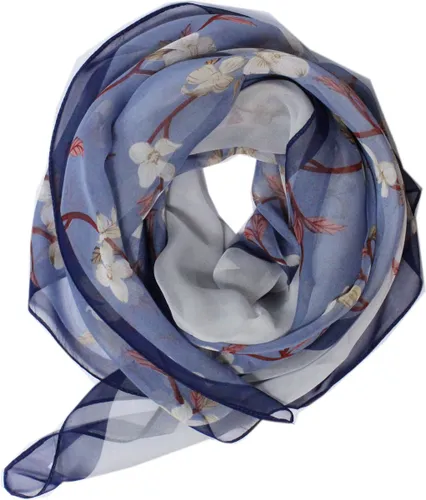 Sjaal Dames - Witte Bloemen - Transparant - Blauw