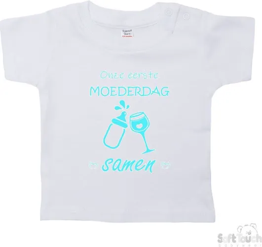 Soft Touch T-shirt Shirtje Korte mouw "Onze eerste moederdag samen!" Unisex Katoen Wit/aqua