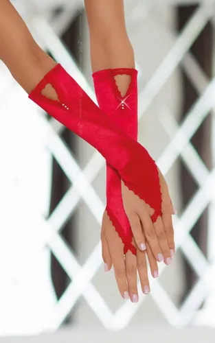 SoftLine spannende satijnen handschoenen met kanten afwerking en glimmende sieraden – Rood One