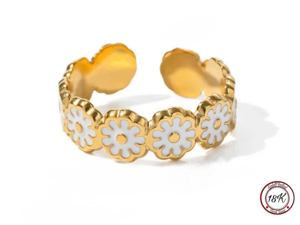 Soraro White Flower Ring | 18K Goldplated | Goud | Wit | Dames Ring | Bloem | Klemring | Vrouwen Cadeau | Moederdag | Moederdag cadeau
