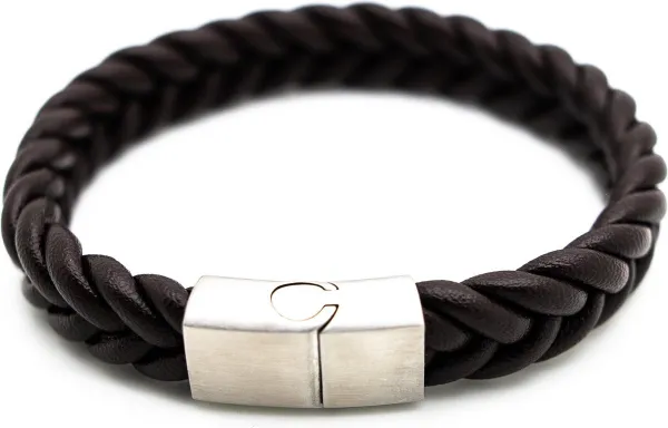 Sorprese armband - Premium - armband heren - leer - zwart - 21 cm - zilveren sluiting - cadeau - Model P