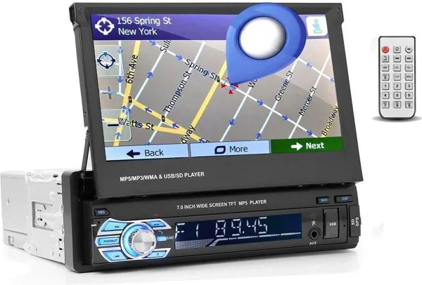 TechU™ T47 Autoradio met Uitklap Scherm – 1 Din 7 inch + Afstandsbediening – Bluetooth – USB – AUX – FM Radio – GPS Navigatie – Handsfree bellen – Aut...