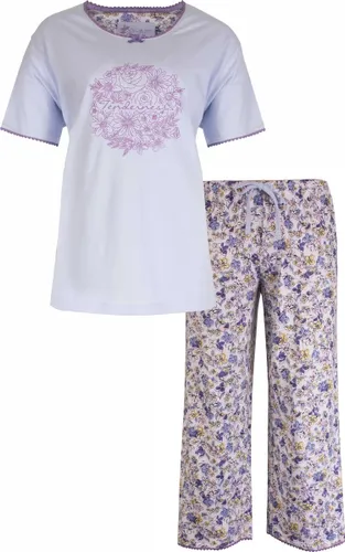 Tenderness Dames gebloemde 3/4 Shortama Pyjama Set - 100% Gekamde Katoen - Licht Blauw
