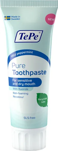 TePe Pure™ Tandpasta met milde pepermuntsmaak – fluoride tandpasta voor gevoelig tandvlees en droge mond klachten – 75 ml