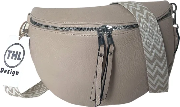 THL Design - Dames Crossbody Tas - Tussenmaat Model - Heuptasje Dames - Bag Strap - Tassenriem beige / wit - Beige