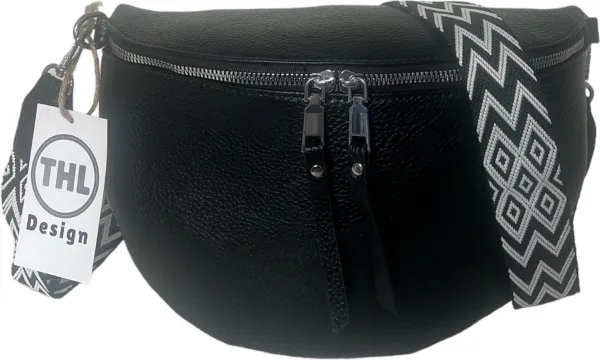 THL Design - Dames Crossbody Tas - Tussenmaat Model - Heuptasje Dames - Bag Strap - Tassenriem zwart / wit - Zwart