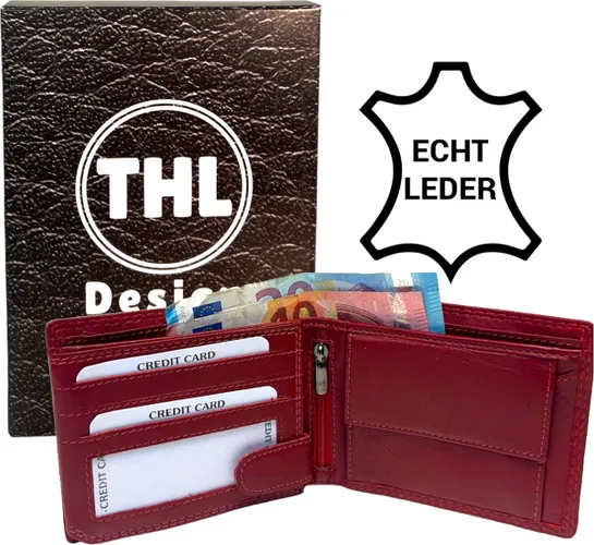 THL Design - Portemonnee Heren / Dames - Leren Billfold - Geschenkdoos - Nappa Leer Rood