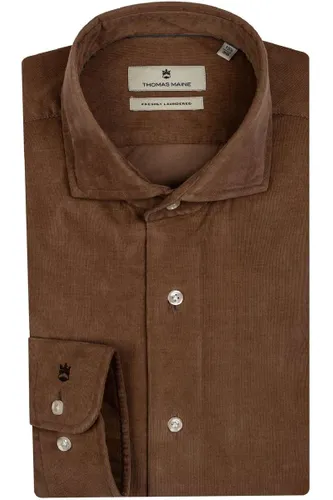 Thomas Maine Tailored Fit ribfluwelen overhemd bruin, Effen