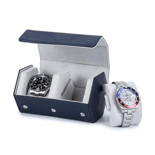 Timezone - Leren Watch roll voor 2 Horloges - Horloge Reisetui - Blauw