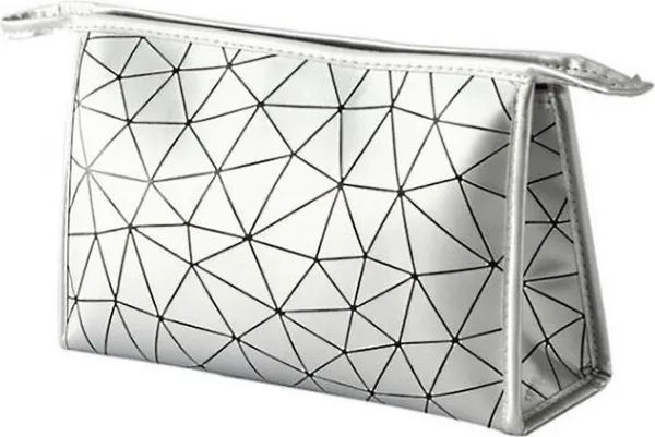 Toilettas Geometric Zilver - Groot | Kunstleer / Polyester | 26,5 x 17 x 9,5 cm