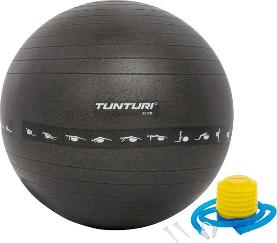 Tunturi Anti Burst Fitness bal met Pomp - Yoga bal 55 cm - Pilates bal - Zwangerschapsbal – 220 kg gebruikersgewicht - Incl Trainingsapp – Zwart