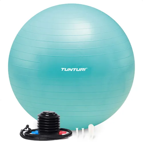 Tunturi Anti Burst Fitness bal met Pomp - Yoga bal 65 cm - Pilates bal - Zwangerschapsbal – 220 kg gebruikersgewicht - Incl Trainingsapp – Turquoise