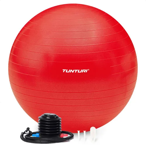 Tunturi Anti Burst Fitness bal met Pomp - Yoga bal 75 cm - Pilates bal - Zwangerschapsbal – 220 kg gebruikersgewicht - Incl Trainingsapp – Rood