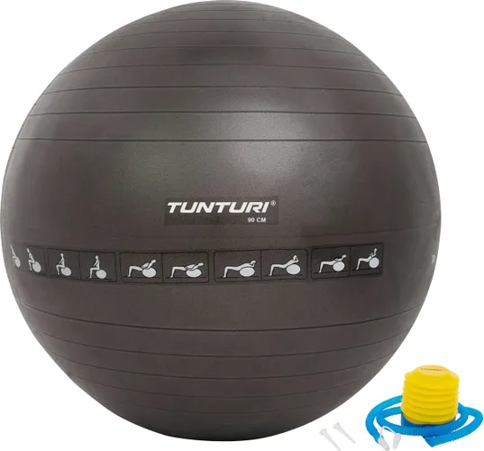 Tunturi Anti Burst Fitness bal met Pomp - Yoga bal 90 cm - Pilates bal - Zwangerschapsbal – 220 kg gebruikersgewicht - Incl Trainingsapp – Zwart