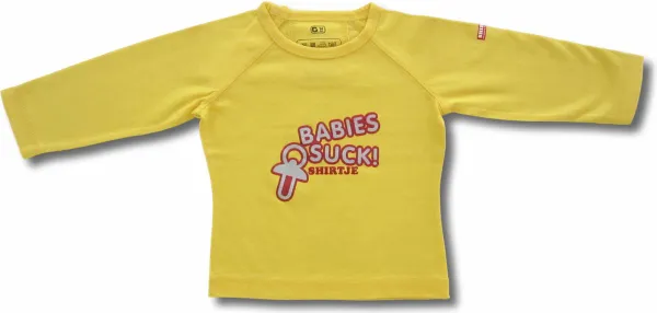 Twentyfourdips | T-shirt lange mouw baby met print 'Babies suck' | Geel |