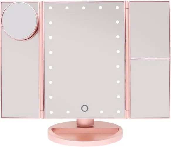 UNIQ Trifold Make Up Spiegel met LED verlichting en 2 vergrootspiegels - Staande spiegel - 21 LED-lampjes - op batterijen en USB (kabel incl) - Rosé G...