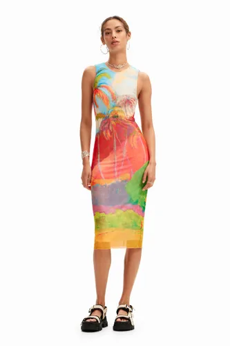 Veelkleurige tropische midi-jurk