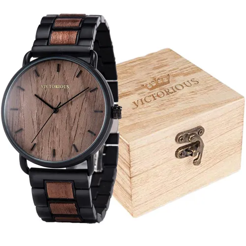 Victorious Donkerbruin Walnoothout Met Zwart Staal Heren Horloge – Wood Collections - Ø44mm