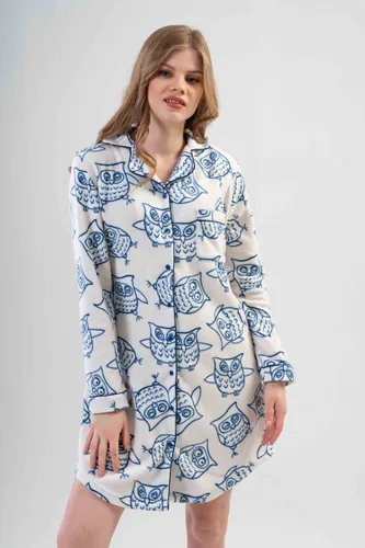 Vienetta Dames pluche, warme nachthemd - wit / blauw S