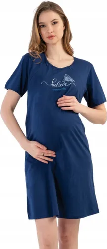 Vienetta zwangerschap nachthemd voor borstvoeding met korte mouwen - 100% katoen, marineblauw | katoenen nachthemd | zwangerschapsnachthemd | comforta