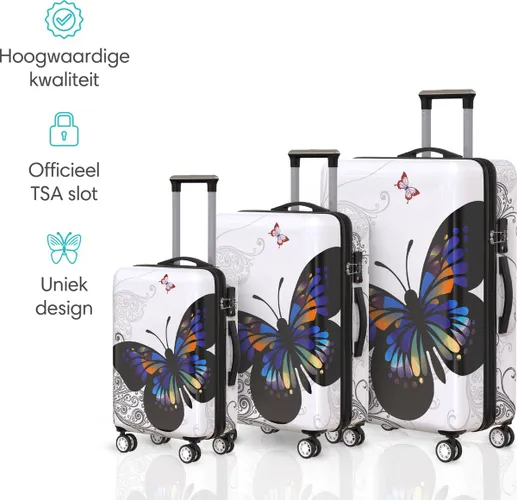 Voyagoux® Kofferset Vlinders 3 delig - ABS kofferset - L / M / S - Koffer