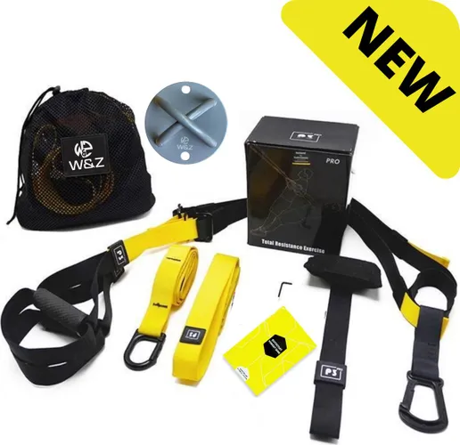 W&Z® TRX Suspension trainer Pro - Thuis sporten -  Complete TRX Training set - Zwart/Geel - Plafond Anker - X-mount