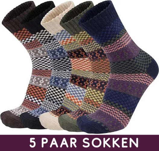 Warme Winter Sokken met Wol - Set van 5 paar met Vintage patroon - Noorse Sokken Dames/Heren