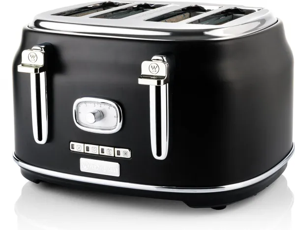 Westinghouse Retro Broodrooster - 4 Slice Toaster - Zwart - Met Warmhoudrek