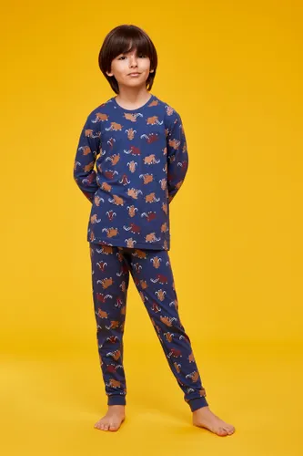 Woody pyjama jongens/heren - donkerblauw met mammoet all-overprint - 232-10-PZL-Z/910