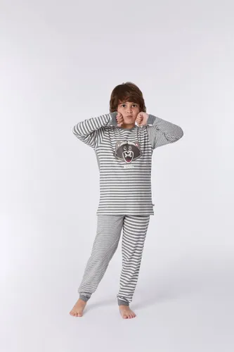 Woody pyjama jongens/heren - gebroken wit-grijs gestreept - wasbeer - 212-1-PLD-Z/952