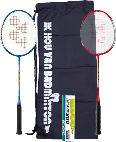 Yonex recreatieve badmintonset met draagtas: 2 Yonex GR-020 met 6 Mavis 200 geel shuttles