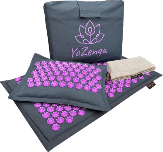 YoZenga Premium Spijkermat met Kokosvezel vulling & kussen met Boekweitkaf vulling incl. draagtas & acupressuurdoek. Royal Blue met unieke lotus spike...