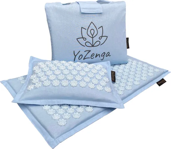 YoZenga Premium Spijkermat met Kokosvezel vulling & kussen met Boekweitkaf vulling incl. draagtas. Beau Blue met unieke lotus spikes - Acupressuur Mat...