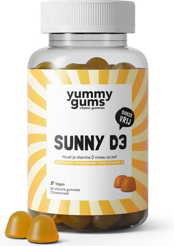 Yummygums Sunny Vitamine D3 - Hoog gedoseerd - Goed voor de spieren en sterke botten - geen capsule, poeder of tablet - yummy gums - Vegan, suikervrij...