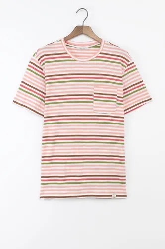 Zalmroze T-shirt Met Multicolour Strepen