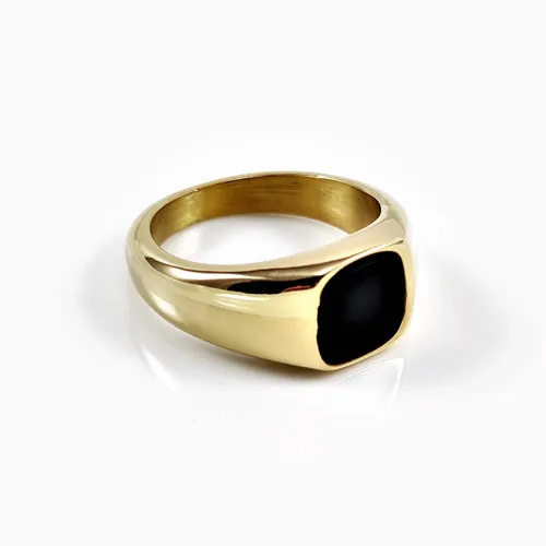 Zegelring Unisex - Stalen Goudkleur - Ring met Zwart Emaille