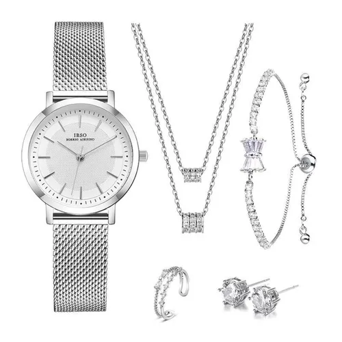 Zilver kleur Premium Horloge, Ring, Armband, oorbellen en Ketting | Boerni Aibisino | SMAEL Z022 | Zilver luxe geschenk set| Crystal glass | Premium k...