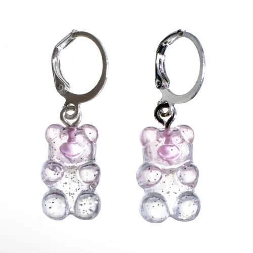 Zilverkleurige oorbellen Gummy Bear - transparant/roze