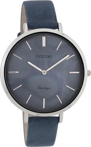 Zilverkleurige OOZOO horloge met donker blauwe leren band - C9808